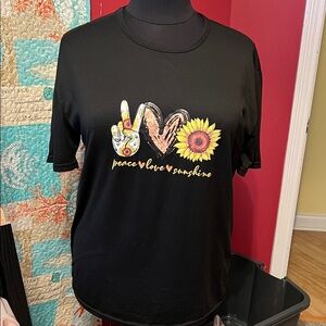 Black Graphic Tee with Peace Love Sunshine Design